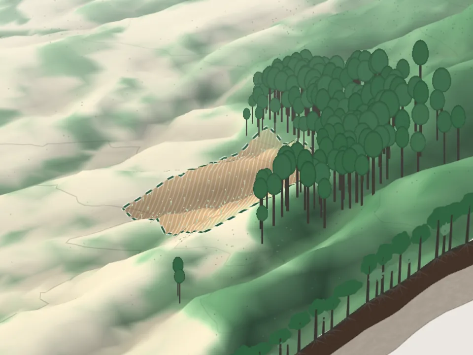 Restorasi: tepi hutan yang tumbuh kembali, ilustrasi dari model tiga dimensi Batukaru